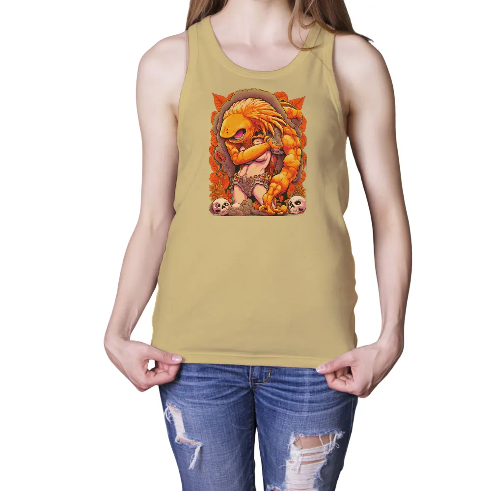 Customized Tee Shirts: Mythical Creature in Bold Colors and Intricate Details| orange scaly body