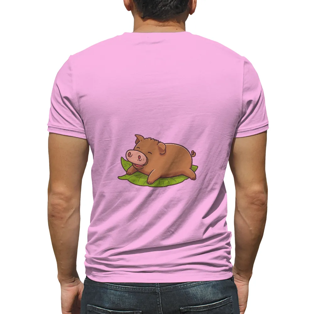 T-Shirts Design: Percy the Happy Pig Resting on a Leaf| tranquil pig design