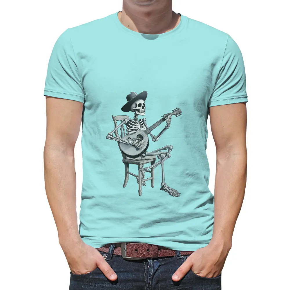 Customized Tee Shirts: Skeleton Playing Guitar - Artistic Design|rainbow death star shirt