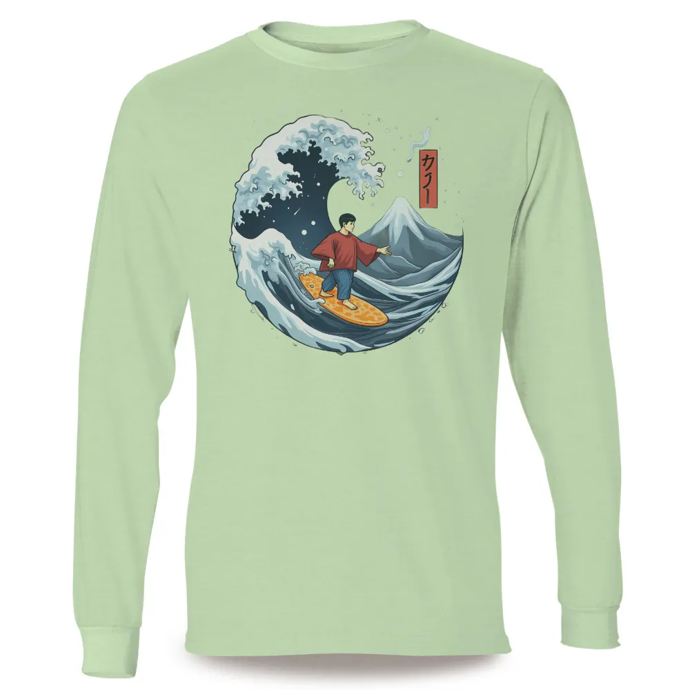 Tee Shirt Printing: Surfing the Great Wave - Japanese Culture Meets Modern Surfing|Surfer in kimono riding a wave