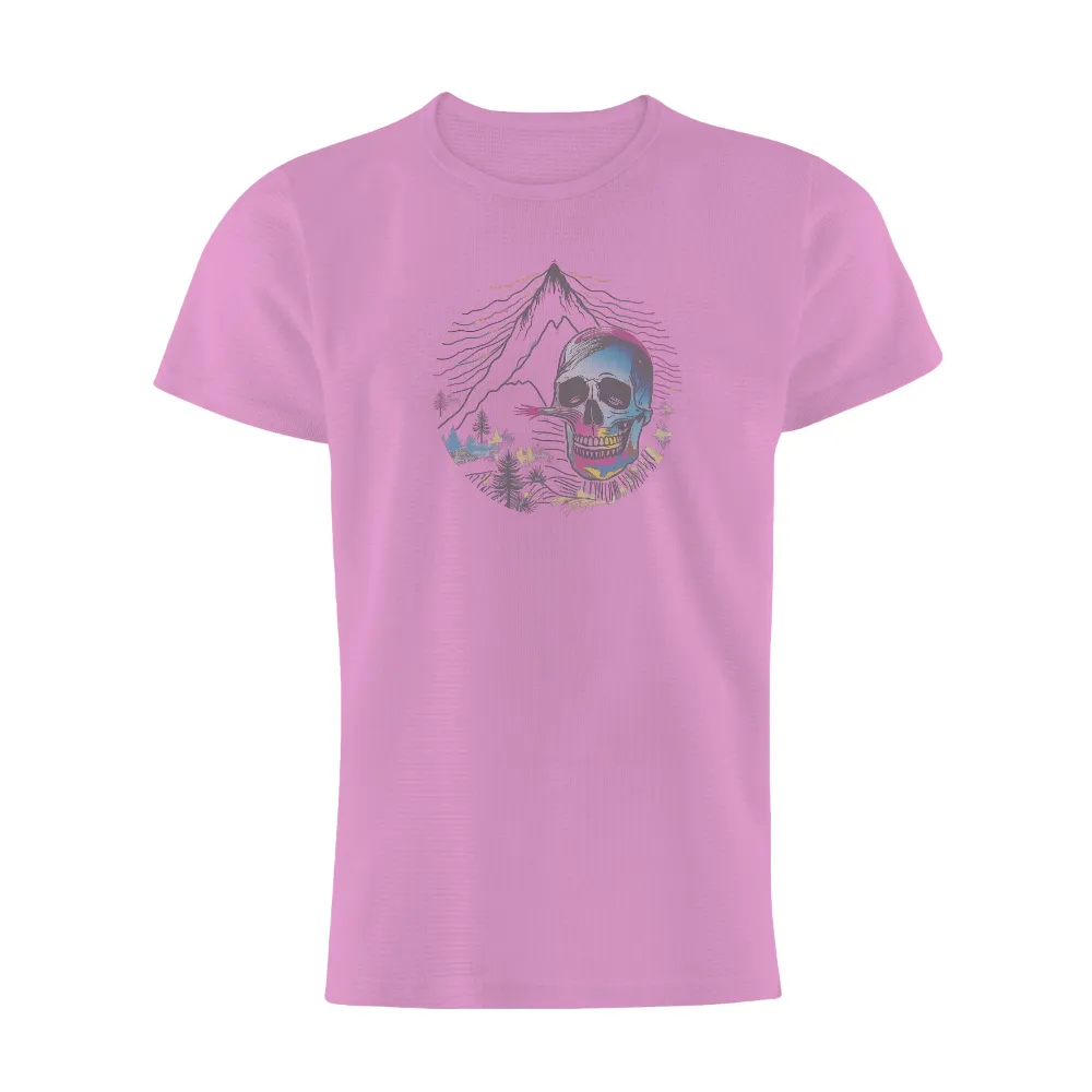 Custom T-Shirt Printing: Vibrant Skull and Mountain - Artistic Nature Design|animal crossing skull shirt