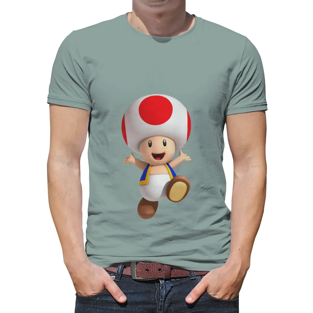 Tee Shirts Printed: Toad from Mario - Cheerful Gaming Icon|super mario t shirt varsity