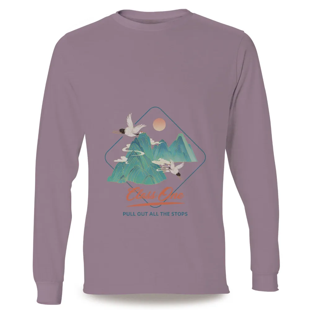 Tee Shirt Printing: Cranes Soaring Over Majestic Mountains - Artistic Designs|t shirt painting on nature