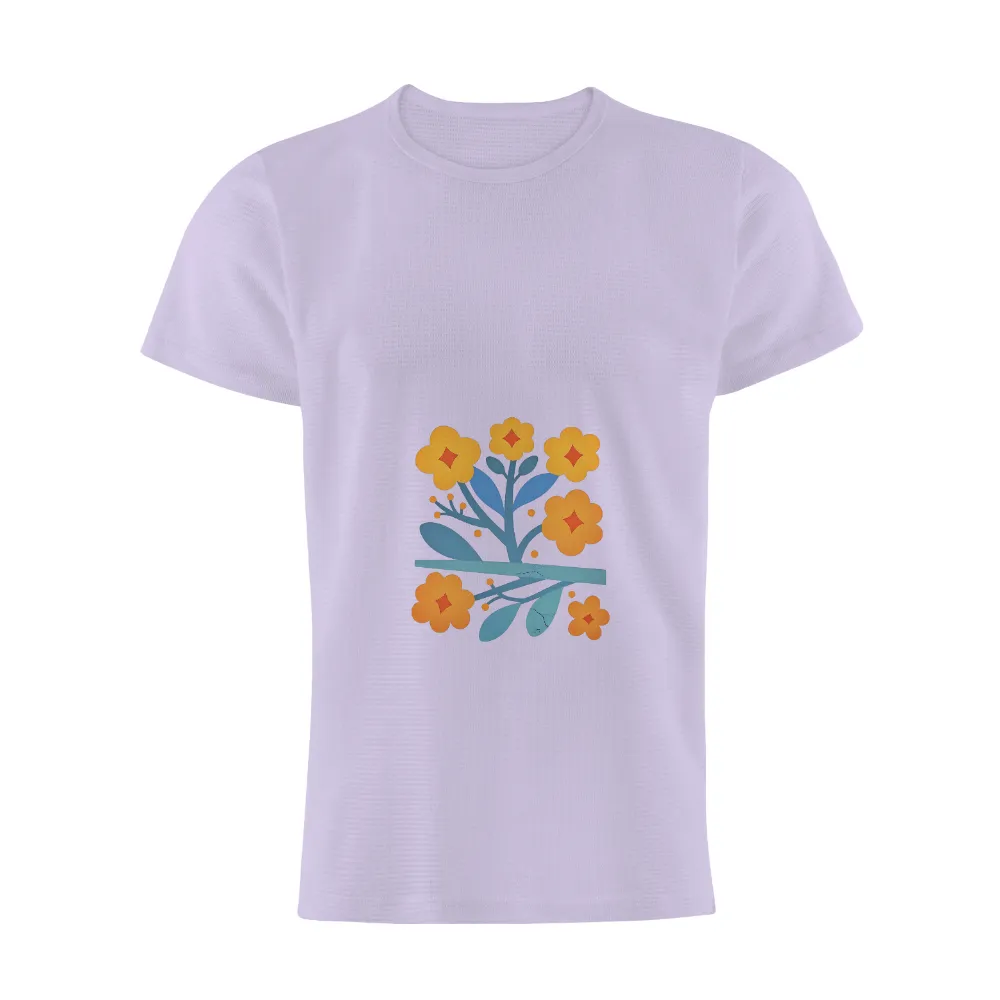 T-Shirts Custom: Vibrant Orange Flowers with Blue Leaves - Artistic Design|ganpati bappa t shirt new pattern