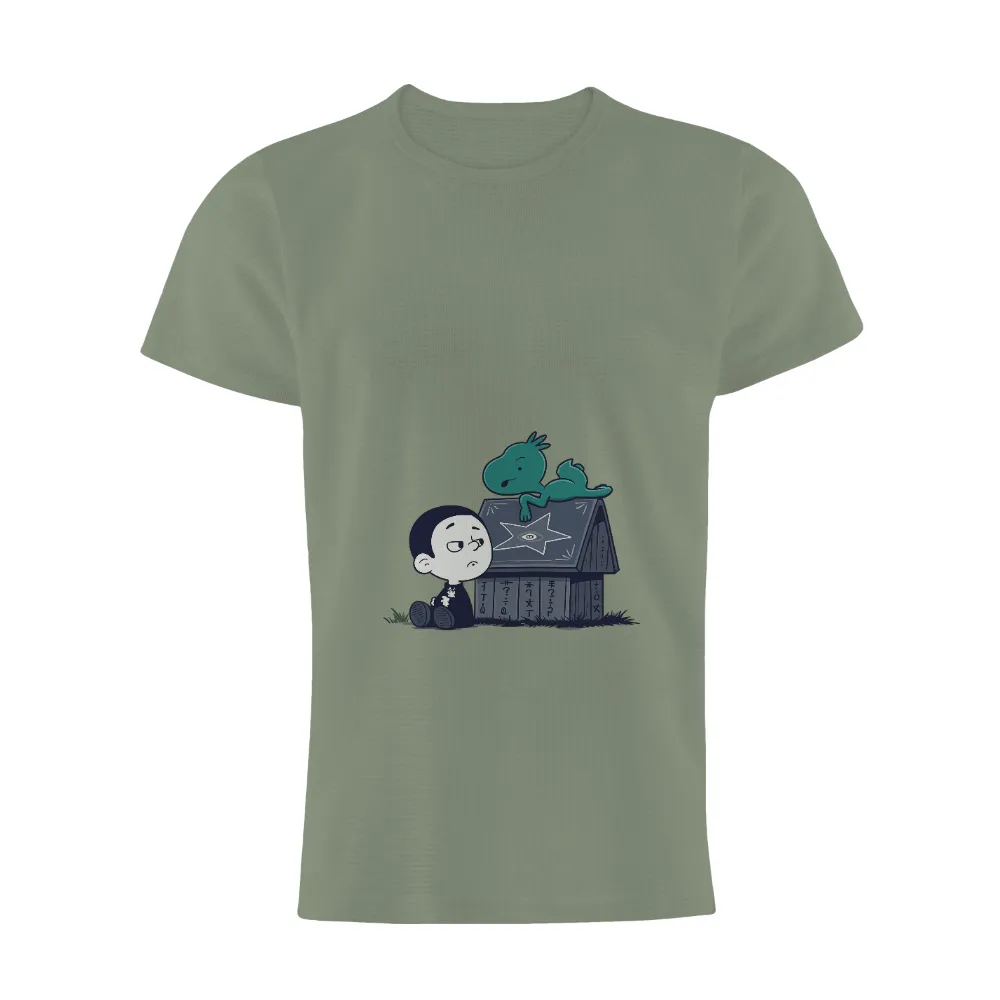 Custom Tee Shirts: Whimsical Adventures in Childhood Imagination| Mysterious wooden house with symbols