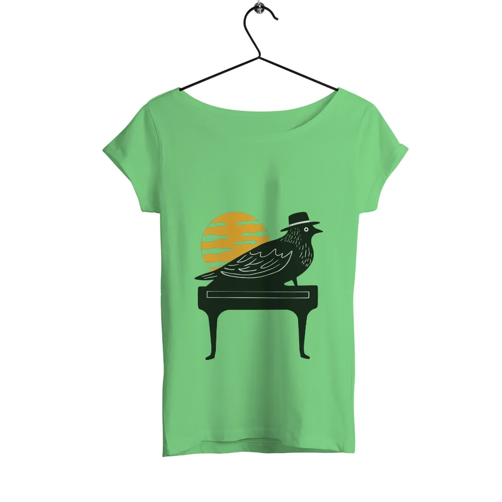 Customized Tee Shirts: Bird on Piano - Whimsical Artistic Design| playful mood