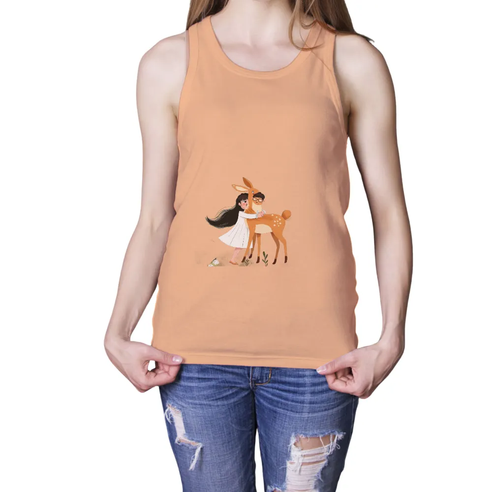 Custom T-Shirt Printing: Nature's Bond - Girl and Deer Embrace|final fantasy xt shirt