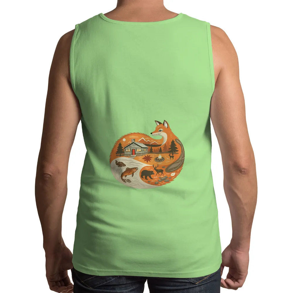 Tee Shirts Printed: Nature's Harmony with Fox and Cabin| deer standing gracefully