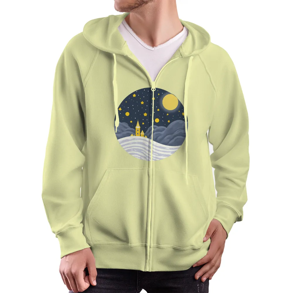 T-Shirts Design: Serene Winter Night Scene| Quaint village in the snow