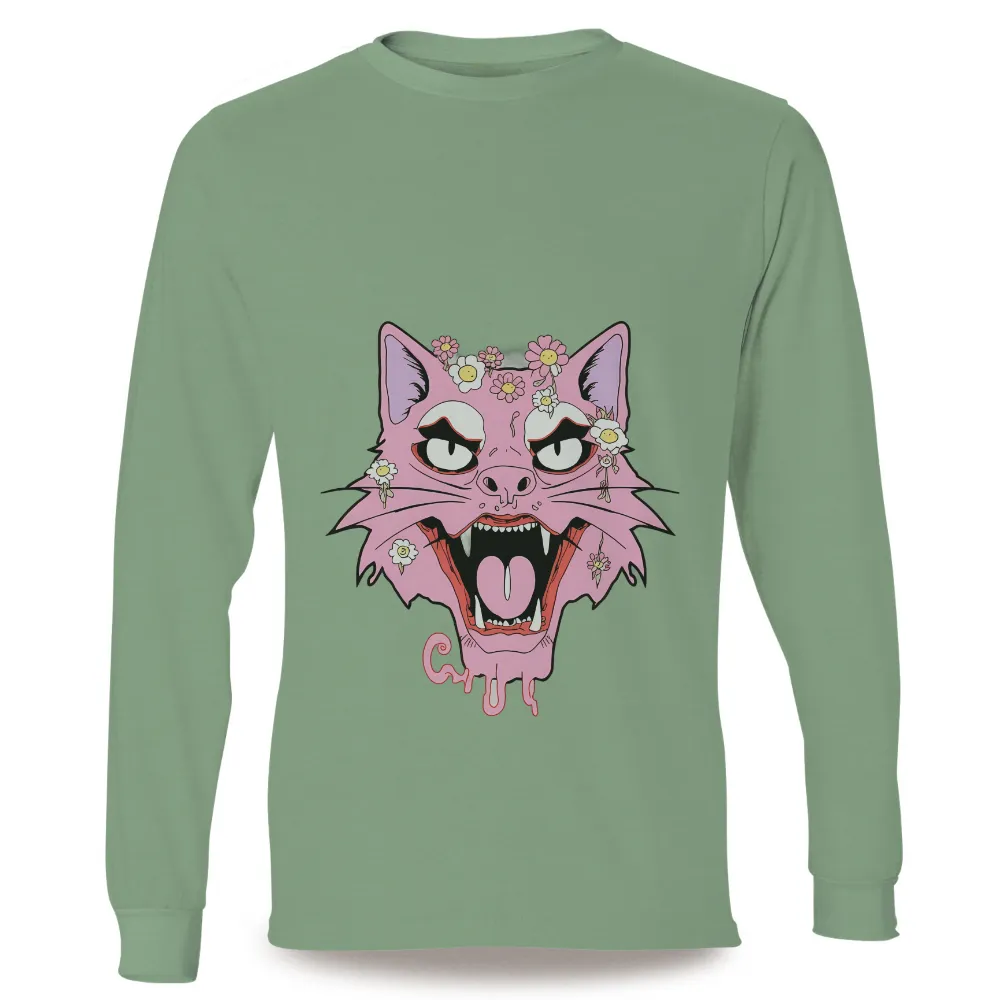 Custom T-Shirt Printing: Pink Cat with Flowers - Artistic Design|fierce pink cat