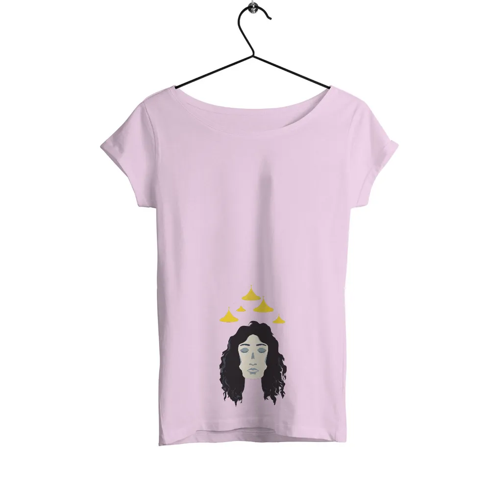 T-Shirts Custom: Serenity Lanterns - Guiding Lights for Inner Peace| Woman's expression of deep contemplation