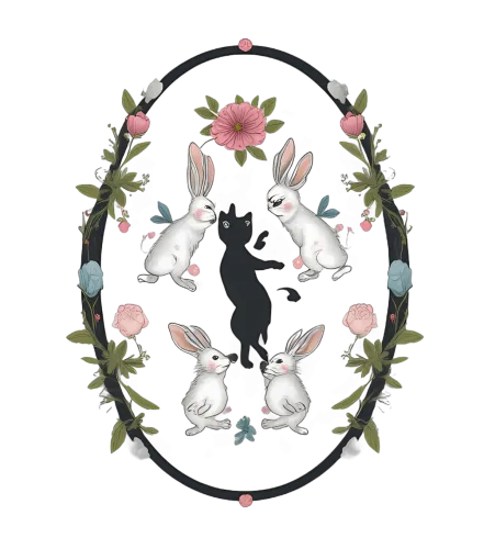 Whimsical Bunnies and Black Cat T-Shirts Design: A Dance Under Moonlight