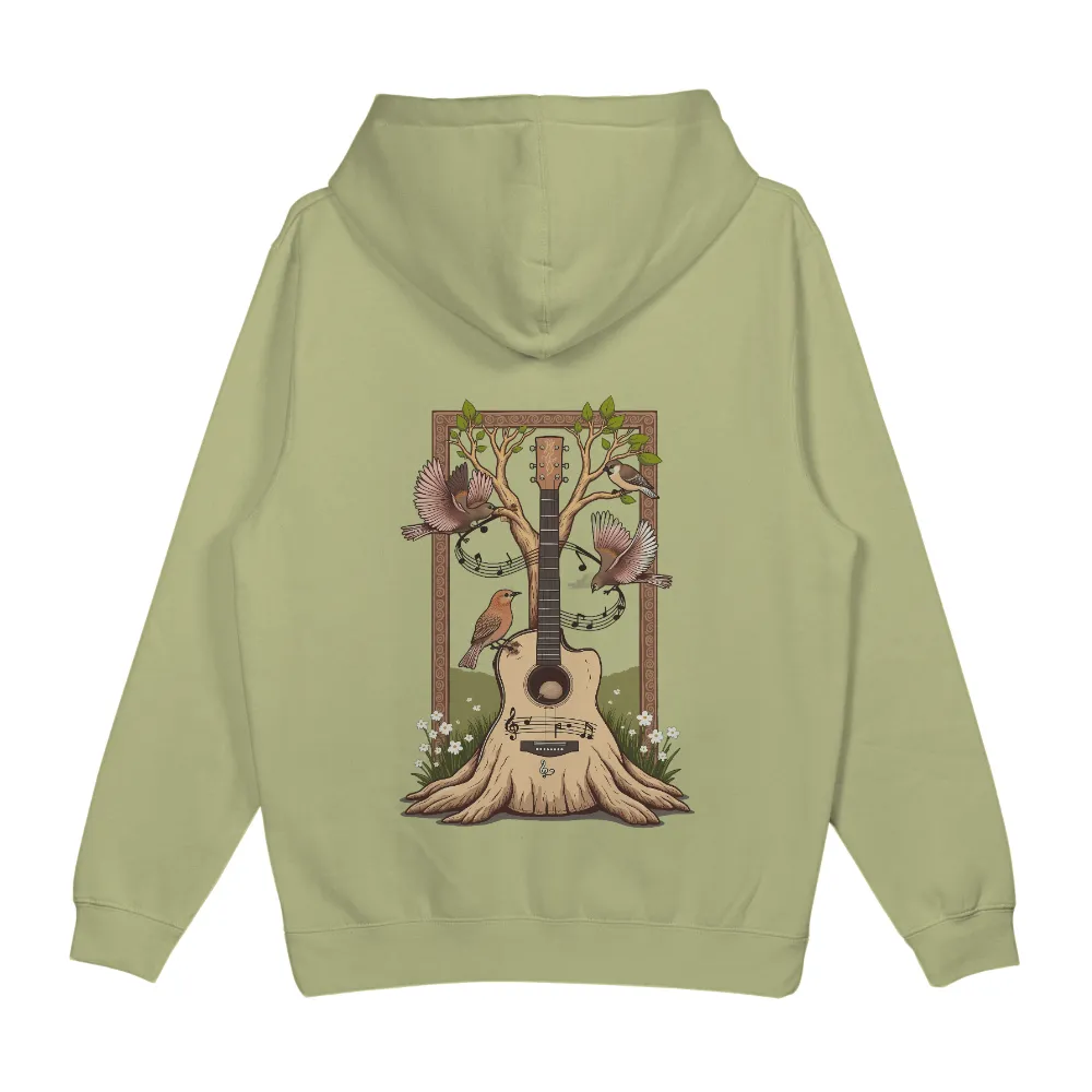 Customized Tee Shirts | Nature's Melody: Birds and Guitar Harmony| musical notes on guitar