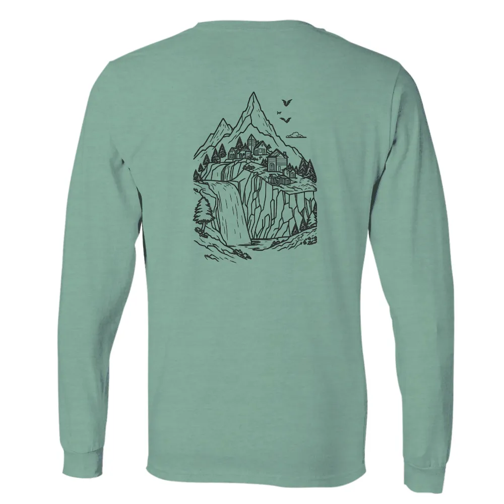 T-Shirts Design: Serene Mountain Village | Vintage & Retro Tees| Cascading waterfalls