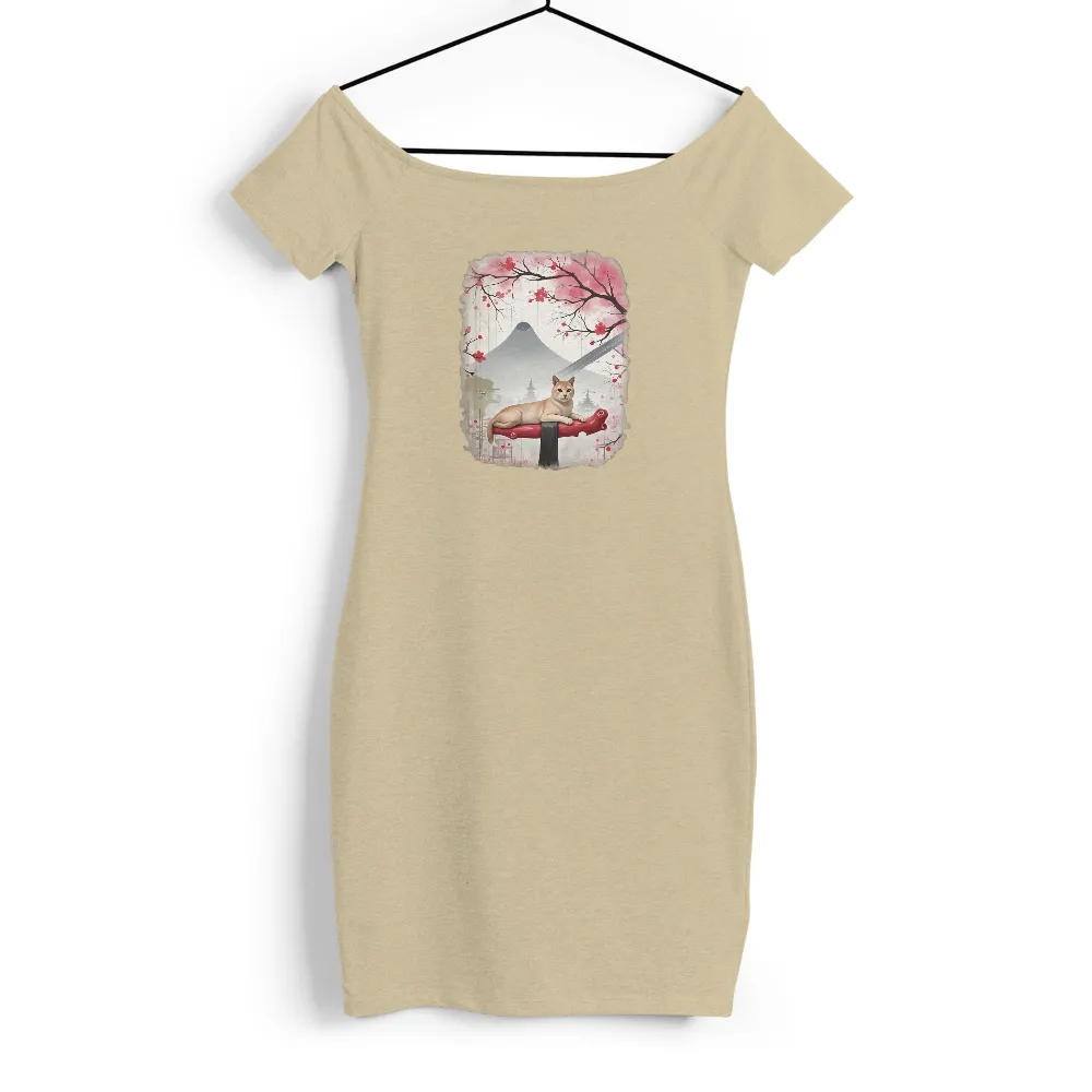 Tee Shirts Printed: Serene Cat on Katana | Japanese Culture Tees| Cherry blossoms in bloom