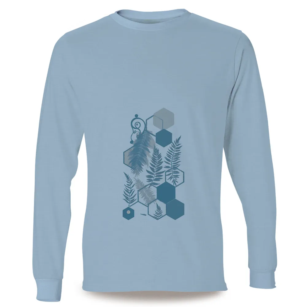 Custom Tee Shirts: Nature's Geometry - Ferns and Hexagons|Fern leaves intertwined with hexagons