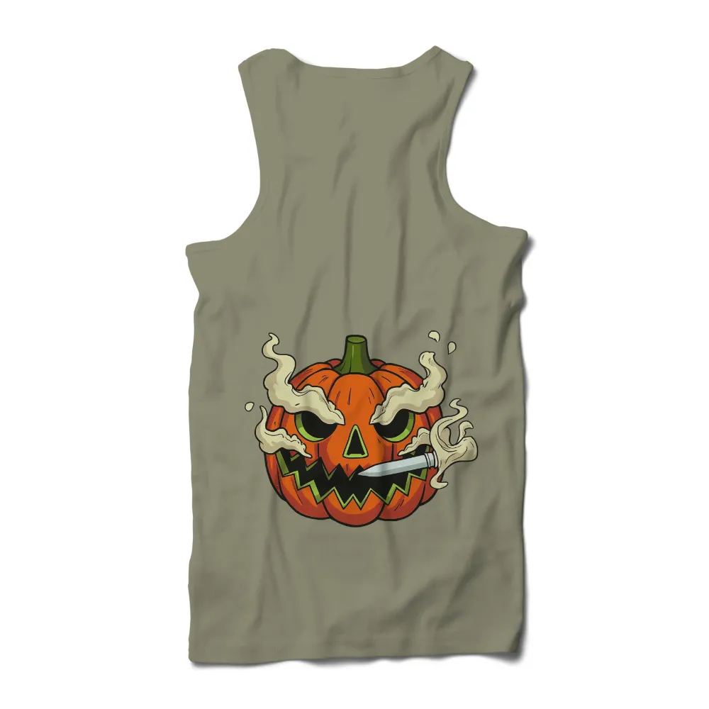 Custom Tee Shirts: Spooky Pumpkin with Knife for Halloween|Menacing pumpkin with glowing eyes