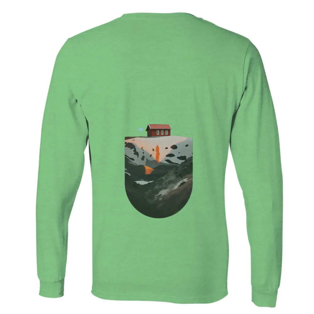 Tee Shirt Printing: Serene Red House on Mountain Landscape| peaceful retreat