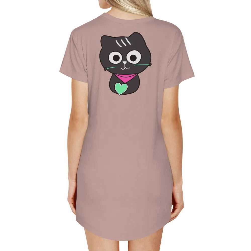 T-Shirts Custom: Whimsical Black Cat with Heart Pendant| Innocent and curious black cat