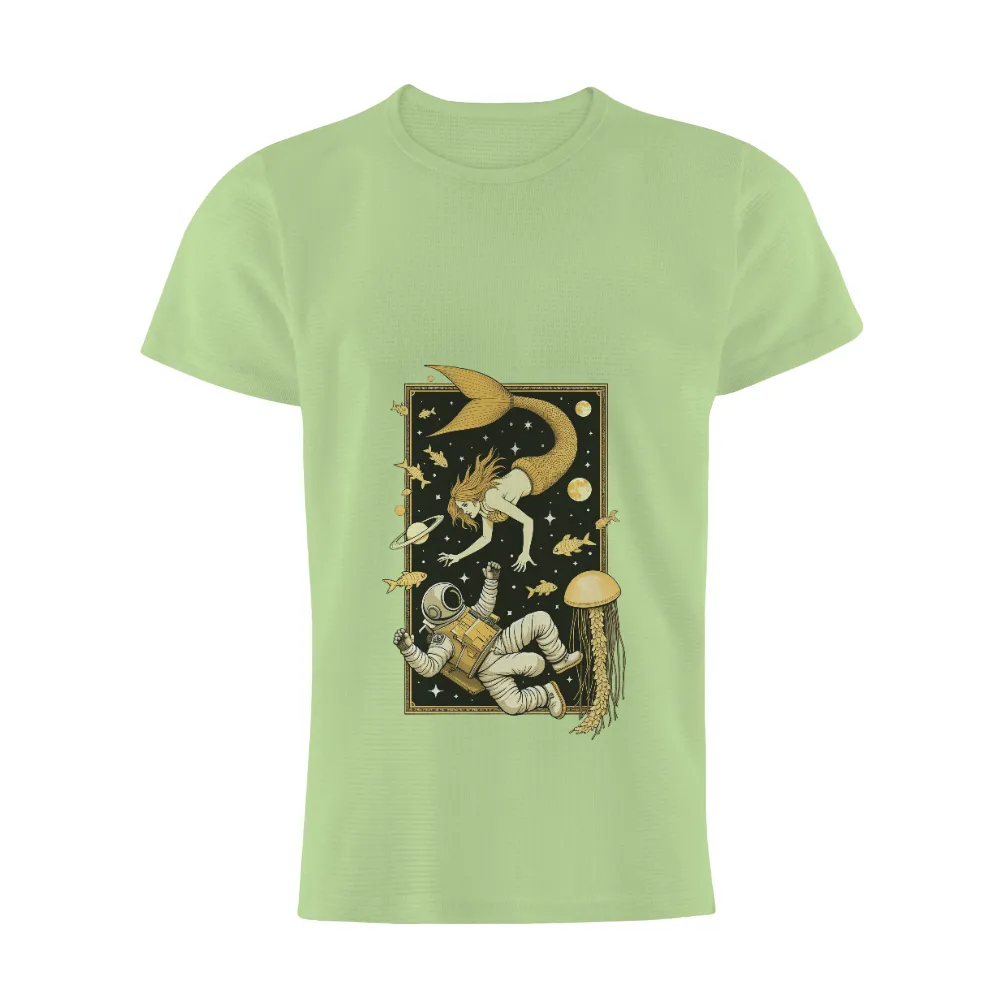 Shirts Graphic Tees: Mermaid Meets Astronaut in Cosmic Fantasy| Golden-haired mermaid