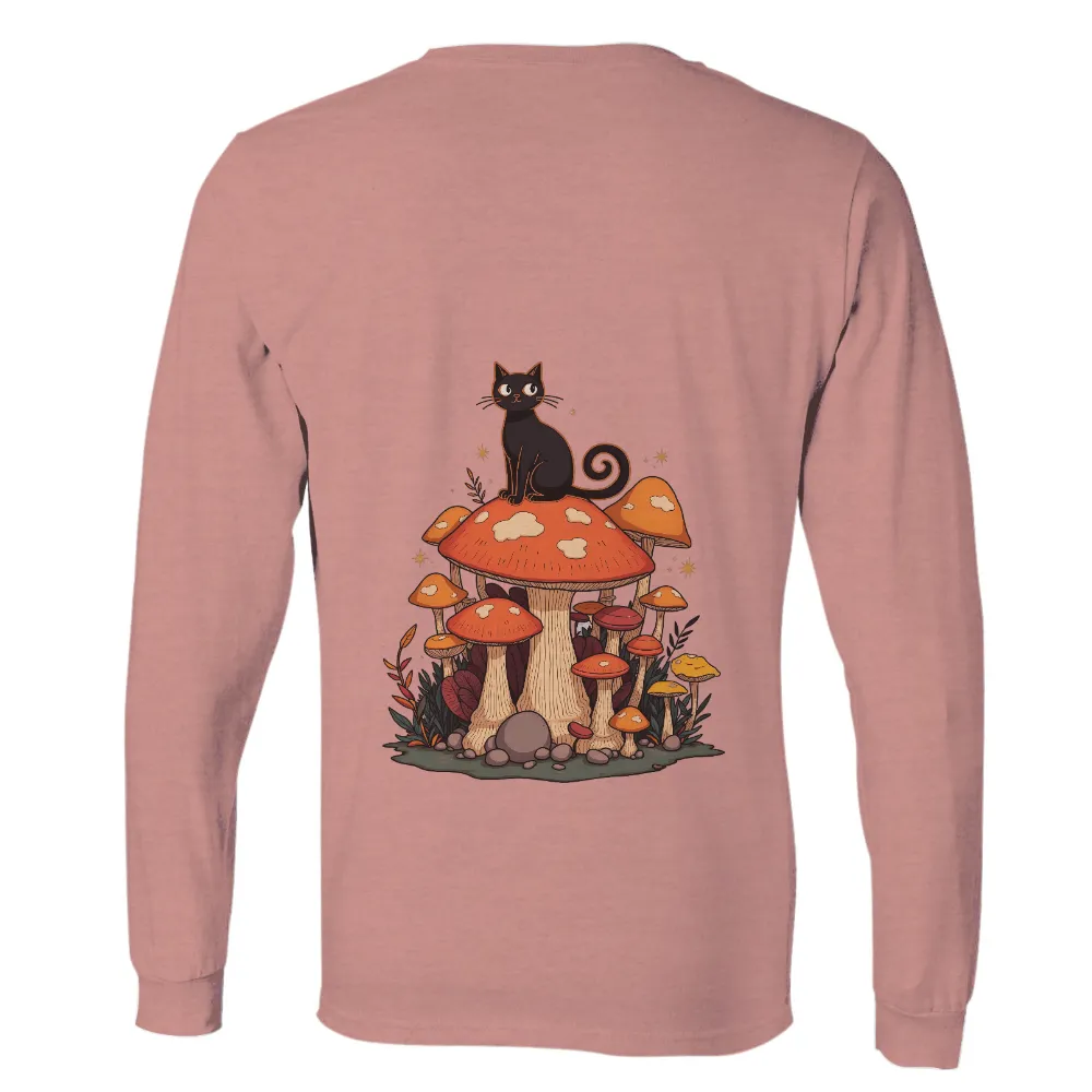 TShirt Design: Enchanted Forest with Magical Mushrooms and Black Cat|t shirt painting on nature