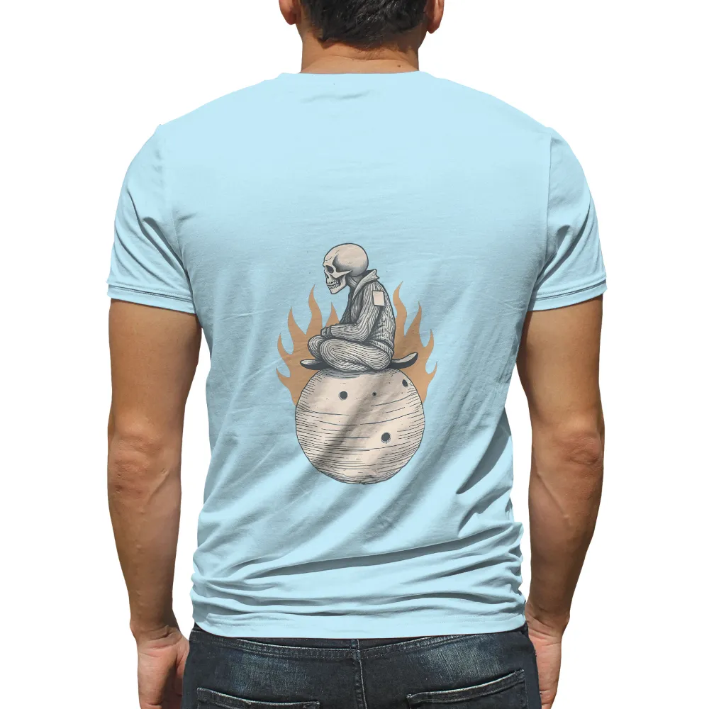 TShirt Design: Skeleton Meditation Amidst Flames| bowling ball