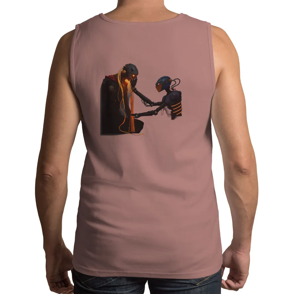 TShirt Design: Futuristic Empathy - Cyberpunk Humanoid and Robot|orange glowing eyes