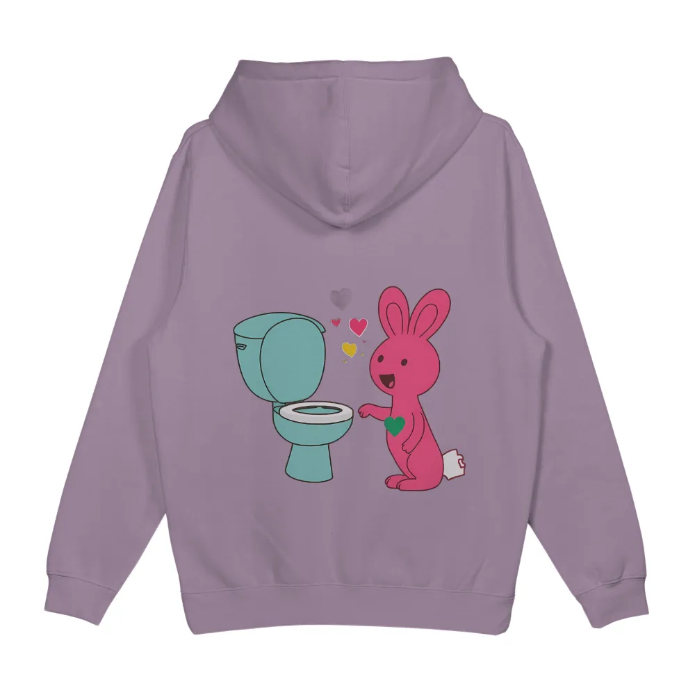 Custom Tee Shirts: Whimsical Pink Bunny with Green Heart and Blue Toilet|Pink bunny with green heart