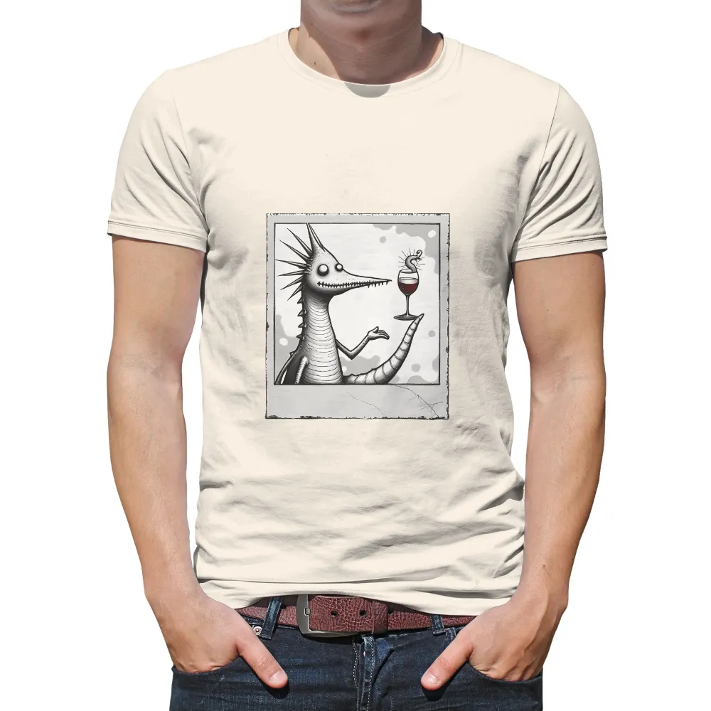 TShirt Printing: Whimsical Creature Balancing Wine Glass with Worm| Minimalistic background