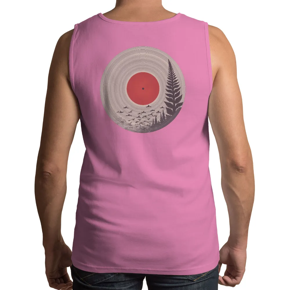 Custom T-Shirt Printing: Vintage Vinyl Record & Nature Fusion| red center