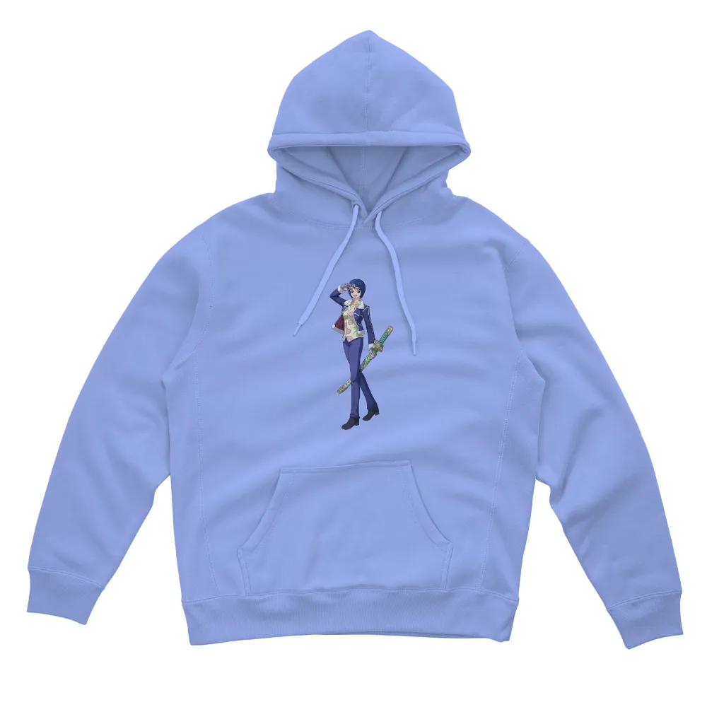 T-Shirts Design: Anime Character with Katana - Vibrant Colors and Confident Stance|cartoon character blue shirt