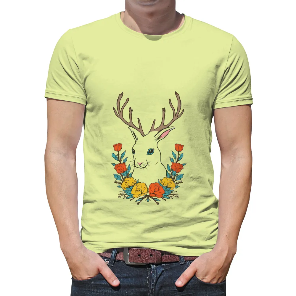 Customized Tee Shirts: Whimsical Rabbit with Antlers and Vibrant Flowers|tower of fantasy t shirt