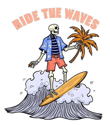 T-Shirts Custom: Skeleton Surfer Riding the Waves