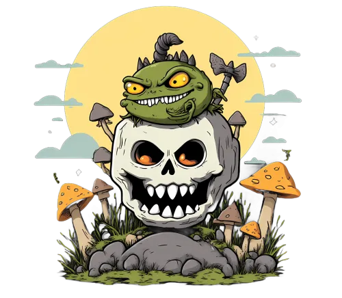 TShirt Design: Whimsical Skull and Green Creature in the Forest