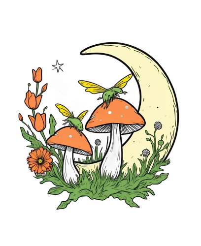 T-Shirts Pattern: Fireflies and Mushrooms Under the Crescent Moon