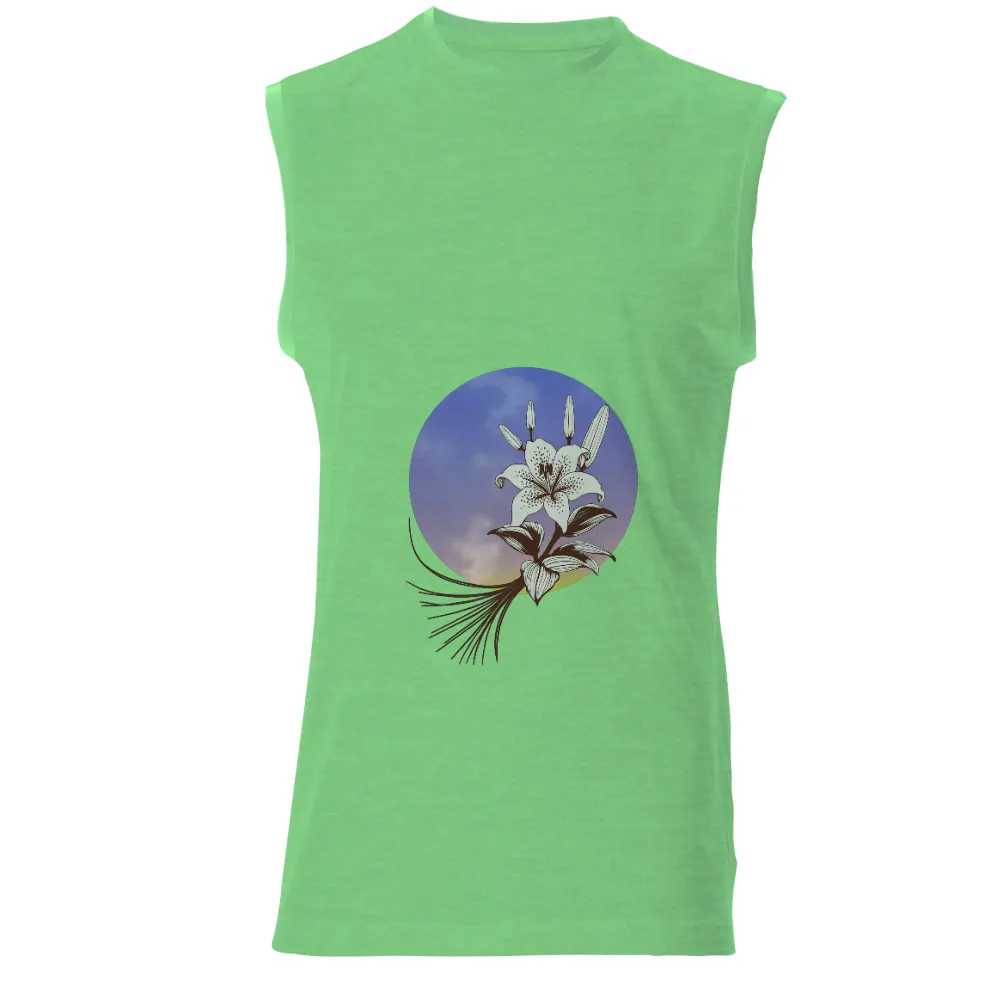 T-Shirts Design: Lily in Bloom - Nature's Elegance| Gradient sky background