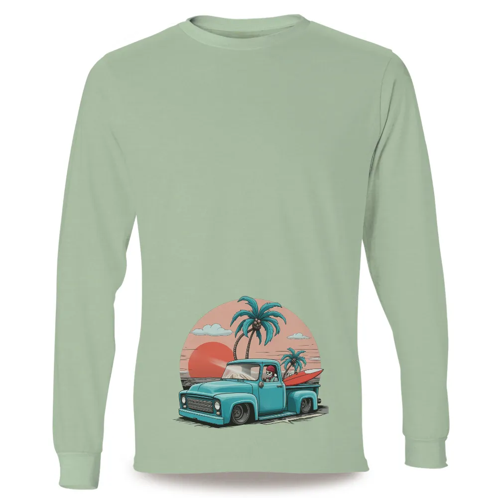 Custom Tee Shirts: Summer Adventure Skeleton Driving Pickup Truck| Beautiful sunset background