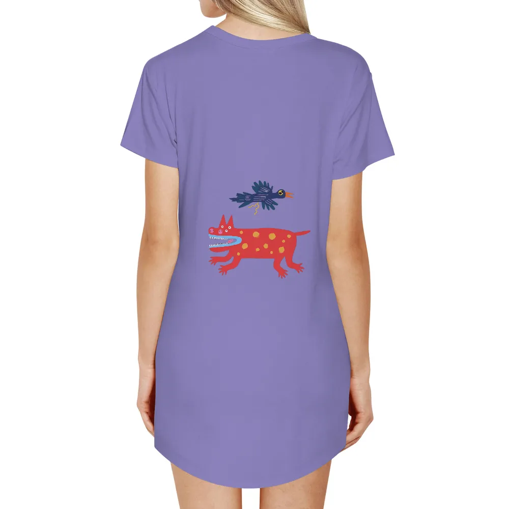 TShirt Printing: Whimsical Fantasy Creatures | Red Creature, Blue Bird| Blue bird with orange beak