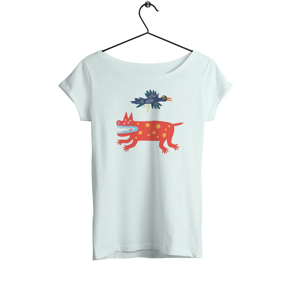 TShirt Printing: Whimsical Fantasy Creatures | Red Creature, Blue Bird| Playful red creature