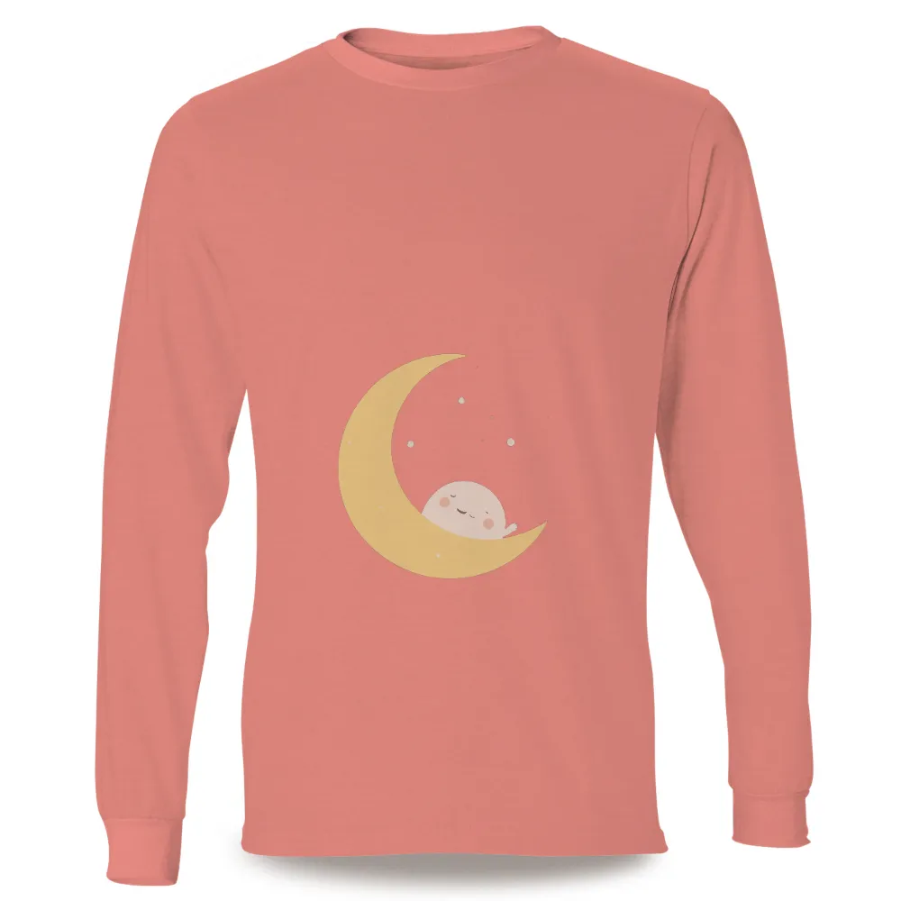 Custom Tee Shirts: Embrace Tranquility with Crescent Moon Dreams|Crescent moon cradling a small round character