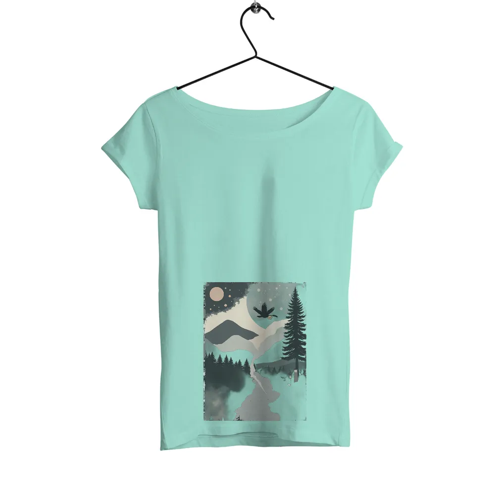 Shirts Graphic Tees: Owl Flight Over Moonlit Mountains| Soft glow from the moon