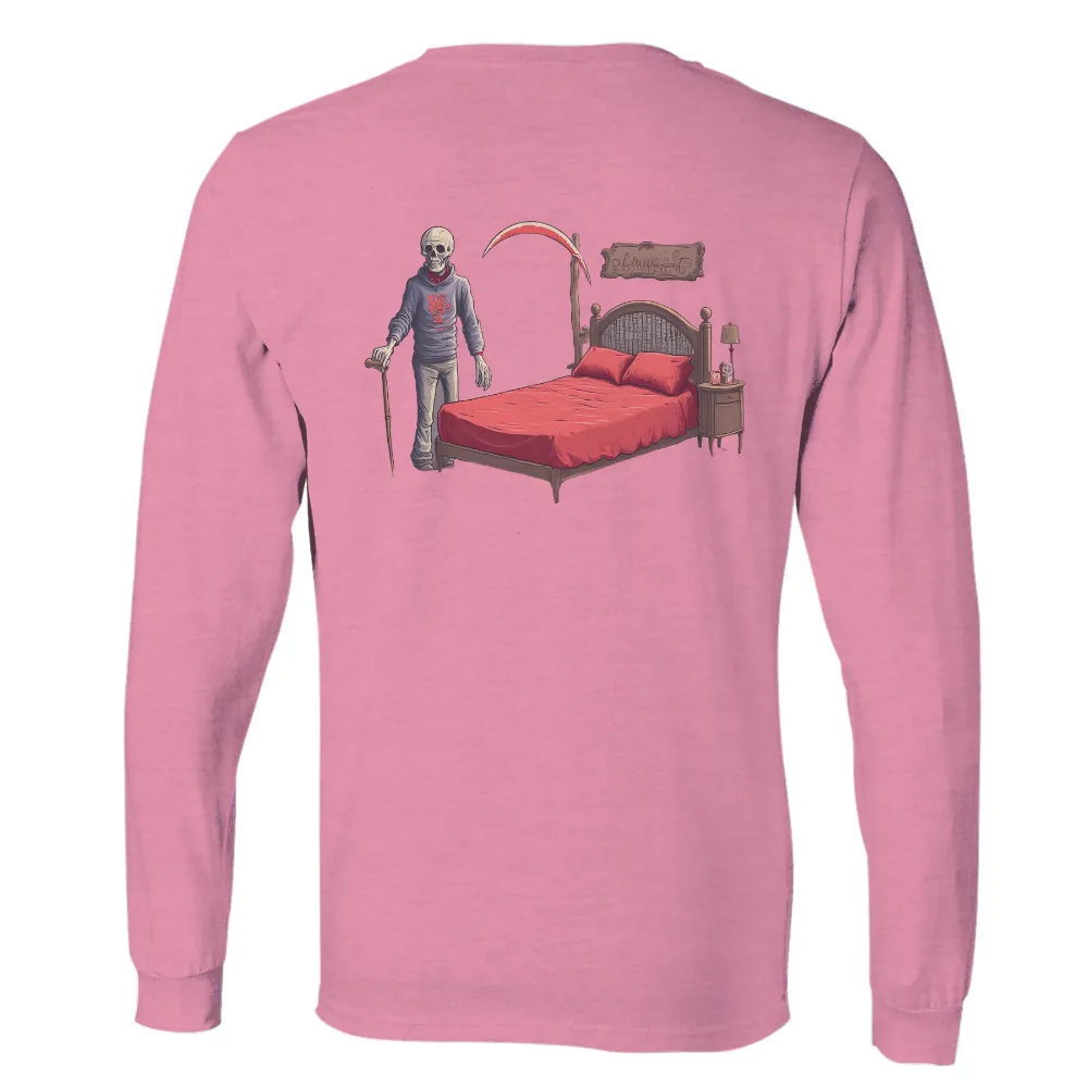 T-Shirts Custom: Eerie Skeleton in Red Bed | Artistic Design|Skeleton in gray hoodie