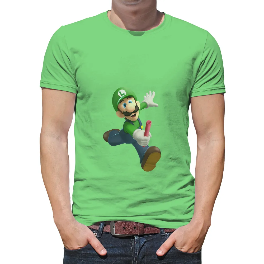 T-Shirts Design: Luigi Adventure with Pink Pipe|classic gamer shirt