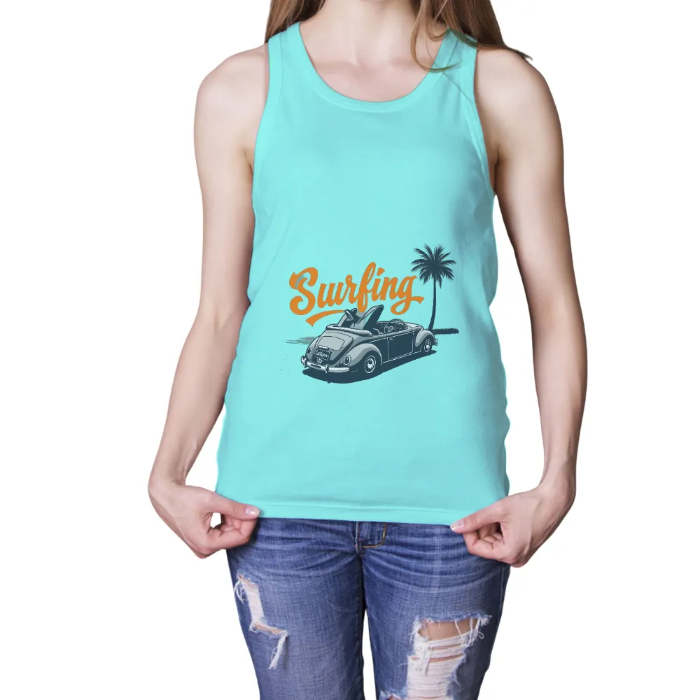 T-Shirt Printing: Vintage Surfing Adventure with Beetle Convertible| Palm tree silhouette