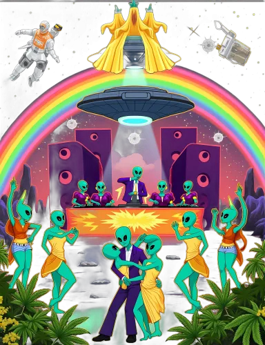 T-Shirts Design: Cosmic Party Under the Rainbow