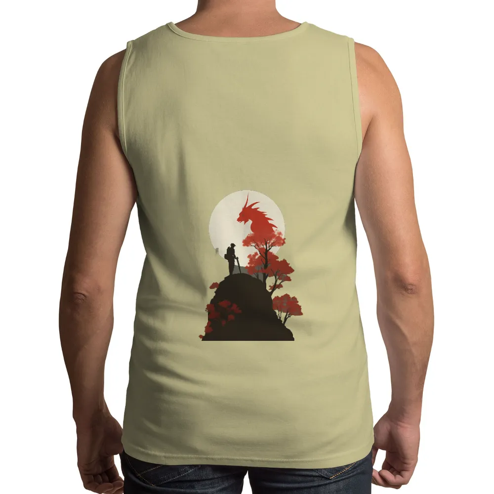 Shirts Graphic Tees: Dragon and Warrior Under the Moon| Red dragon