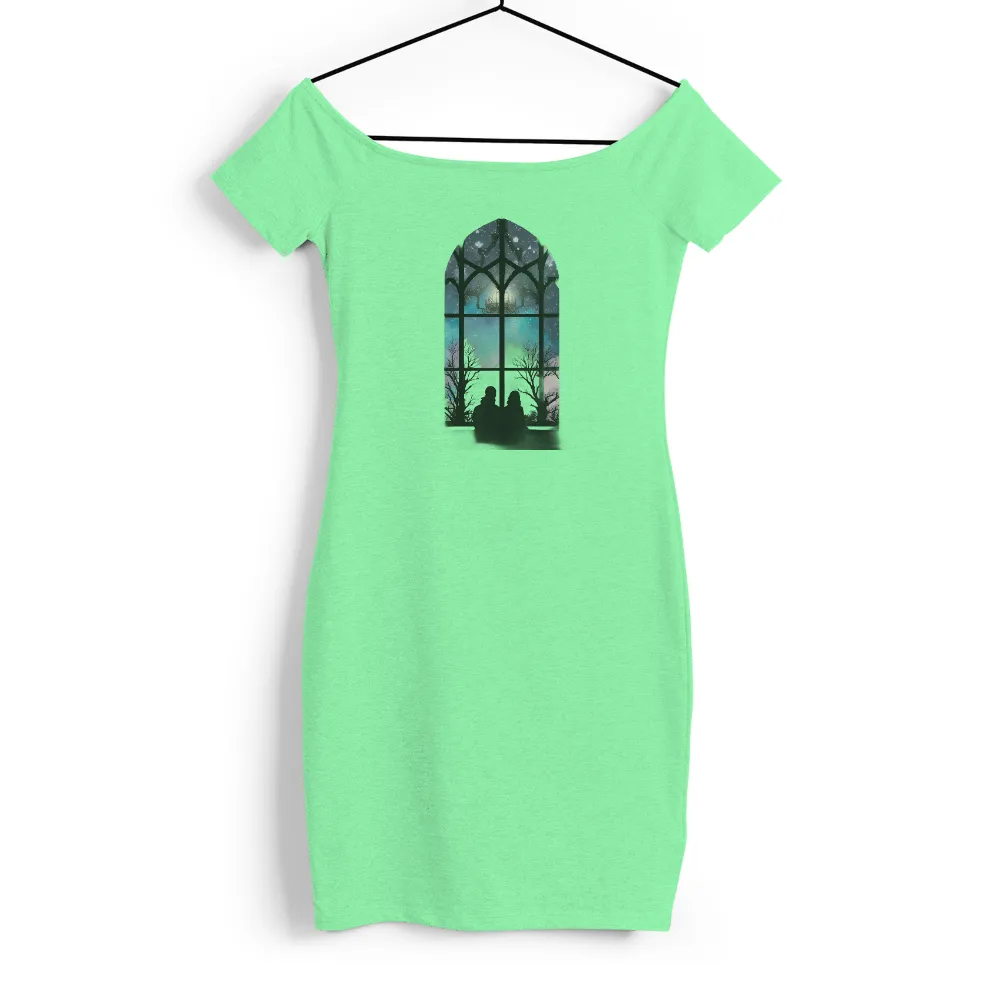 TShirt Design: Enchanted Night Sky with Gothic Window| flying creatures