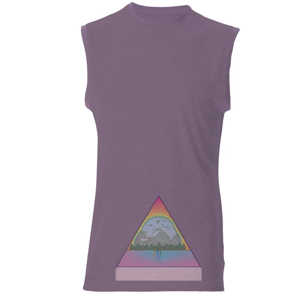 TShirt Design: Nature's Harmony - Landscape, Mountains, Rainbow|Triangular frame with forest