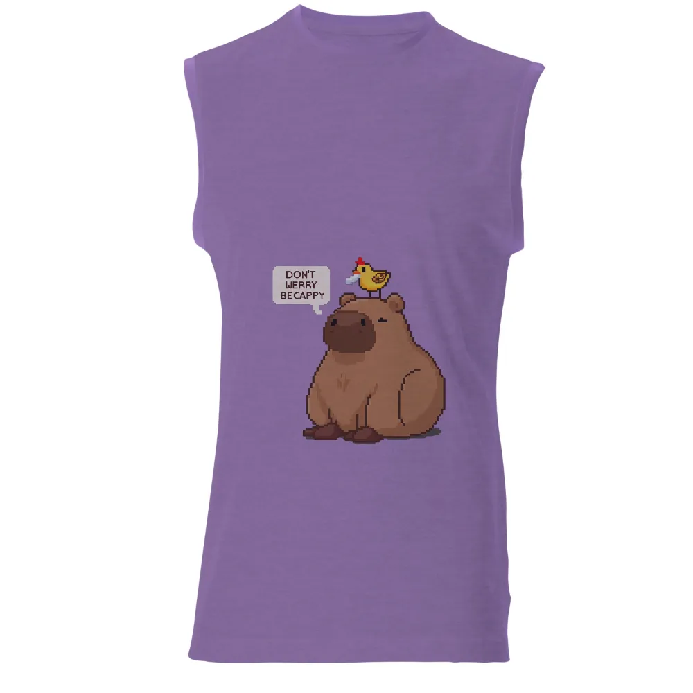 Tee Shirts Printed: Capybara and Bird - DON'T WERRY BECAPPY| Speech bubble with 'DON'T WERRY BECAPPY'