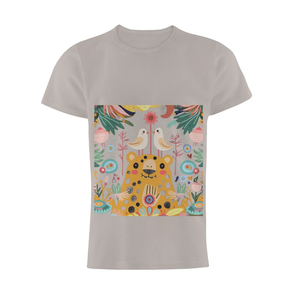 Custom T-Shirt Printing: Whimsical Leopard and Birds in a Magical Forest|t shirt painting on nature